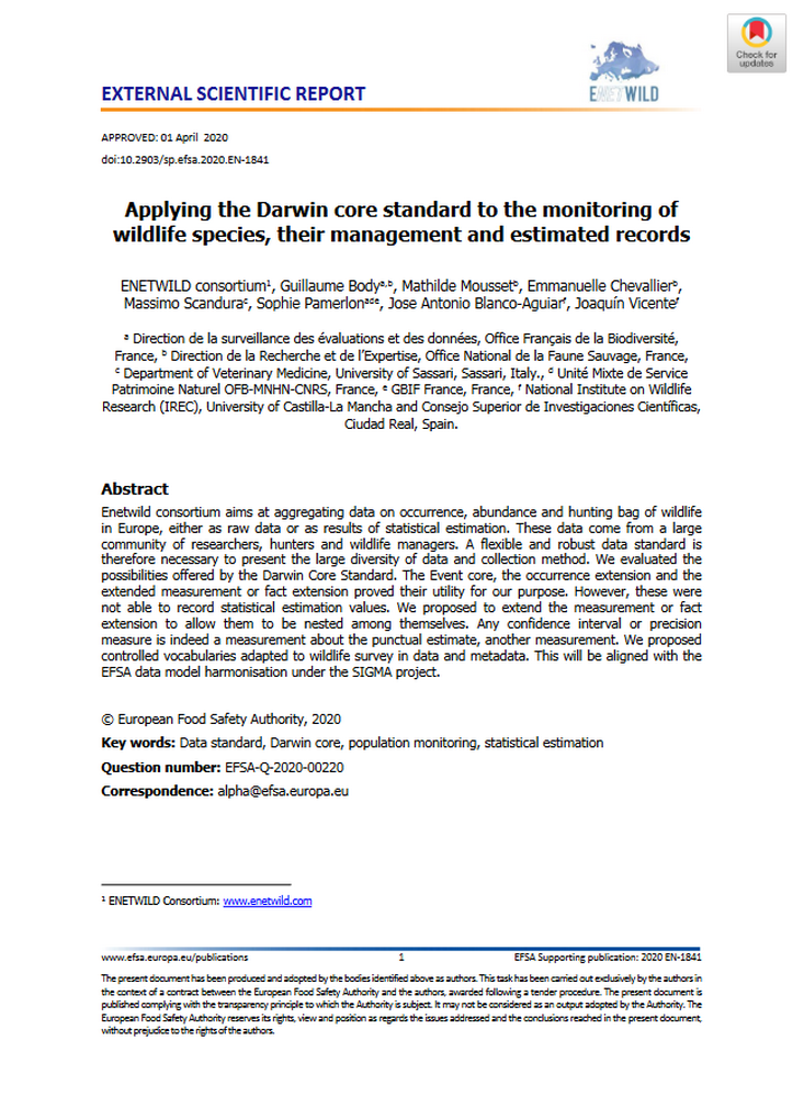 Applying the Darwin core standard to the monitoring of wildlife species, their management and estimated records